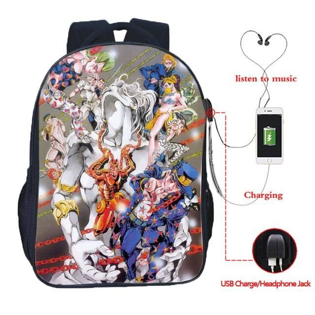 WANHONGYUE JoJo’s Bizarre Adventure Anime Backpack Laptop School Bag Student Bookbag Cosplay Daypack Rucksack Bag with USB Charging Port 1225/1